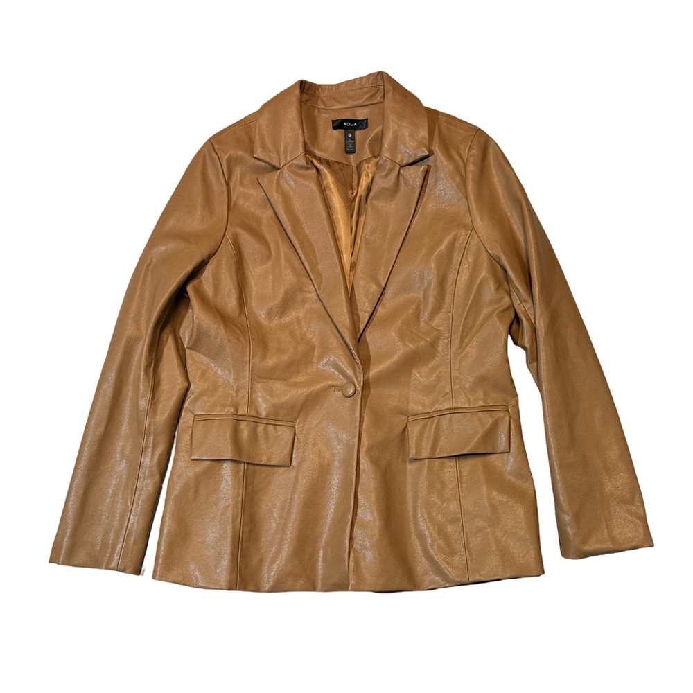 Aqua women’s S Small brown solid faux leather single button blazer jacket EUC